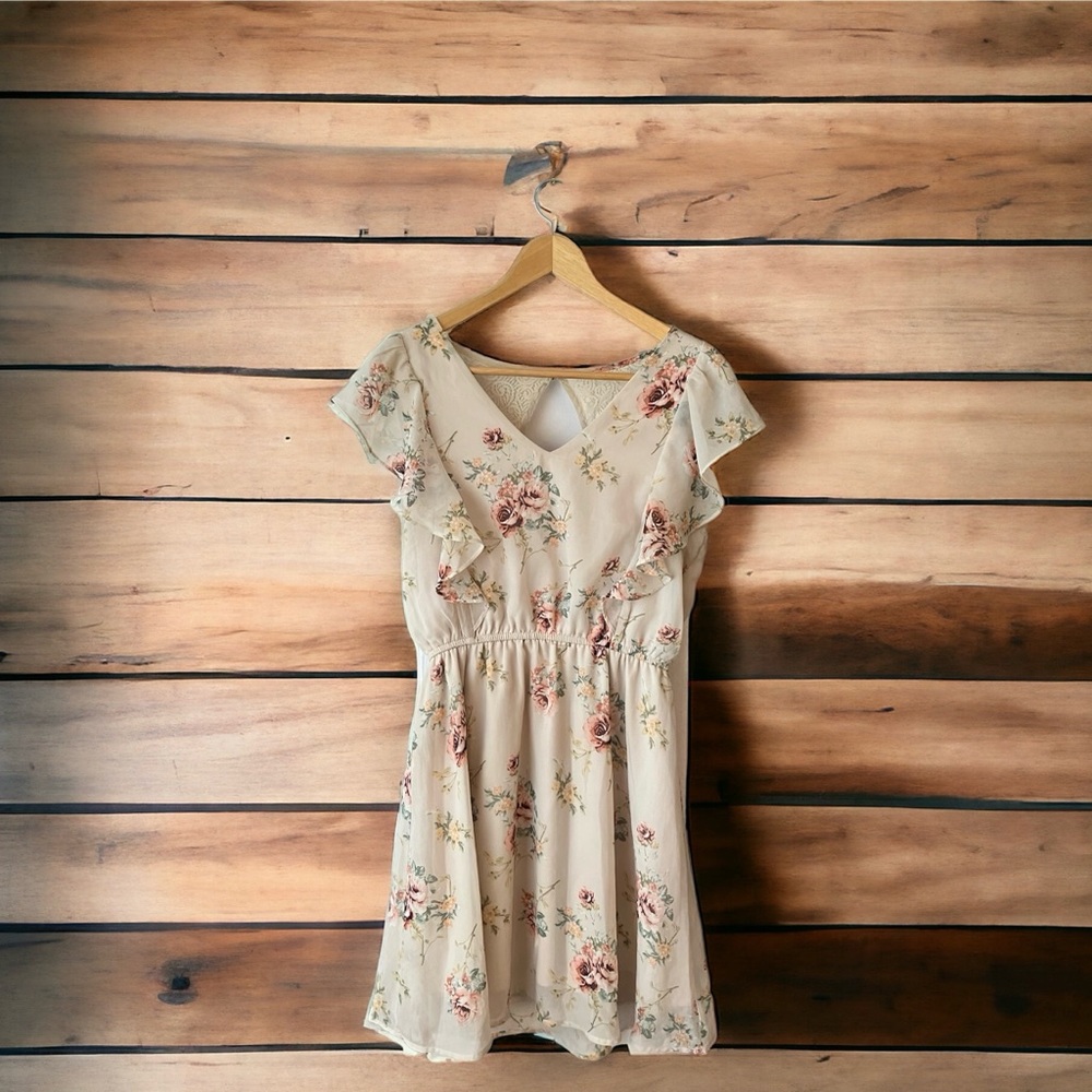 MAURICES Romantic Rose and Taupe Floral Dress With Lace Detail Medium